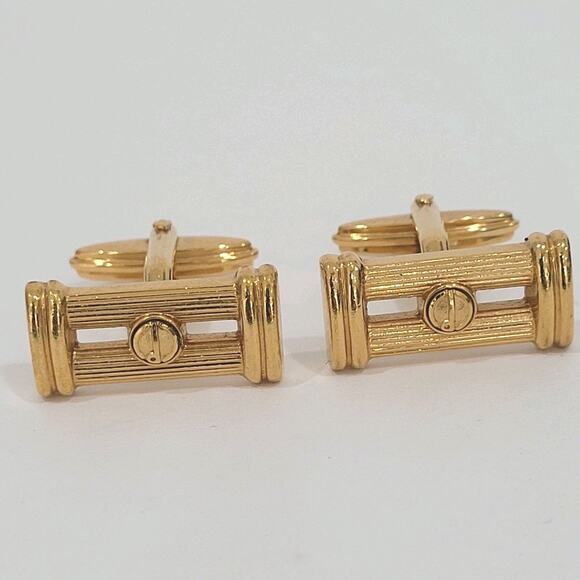Dunhill D Cufflinks Gold Tone Logo Rectangle Designer Logo Vintage Striped - Picture 1 of 9